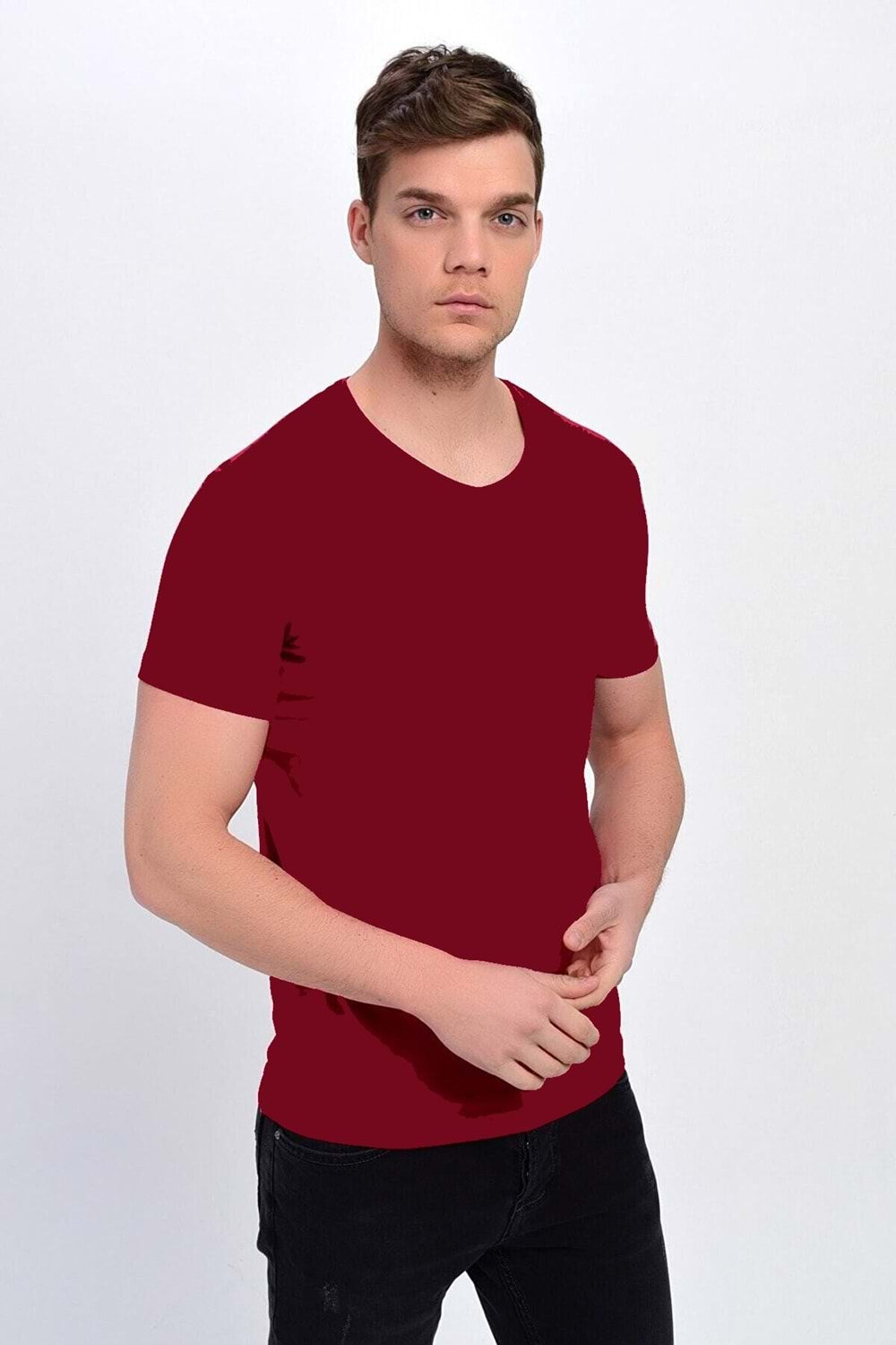 Dynamo Erkek Basic Likralı V-Yaka T-shirt - T-339 - Bordo - XXL