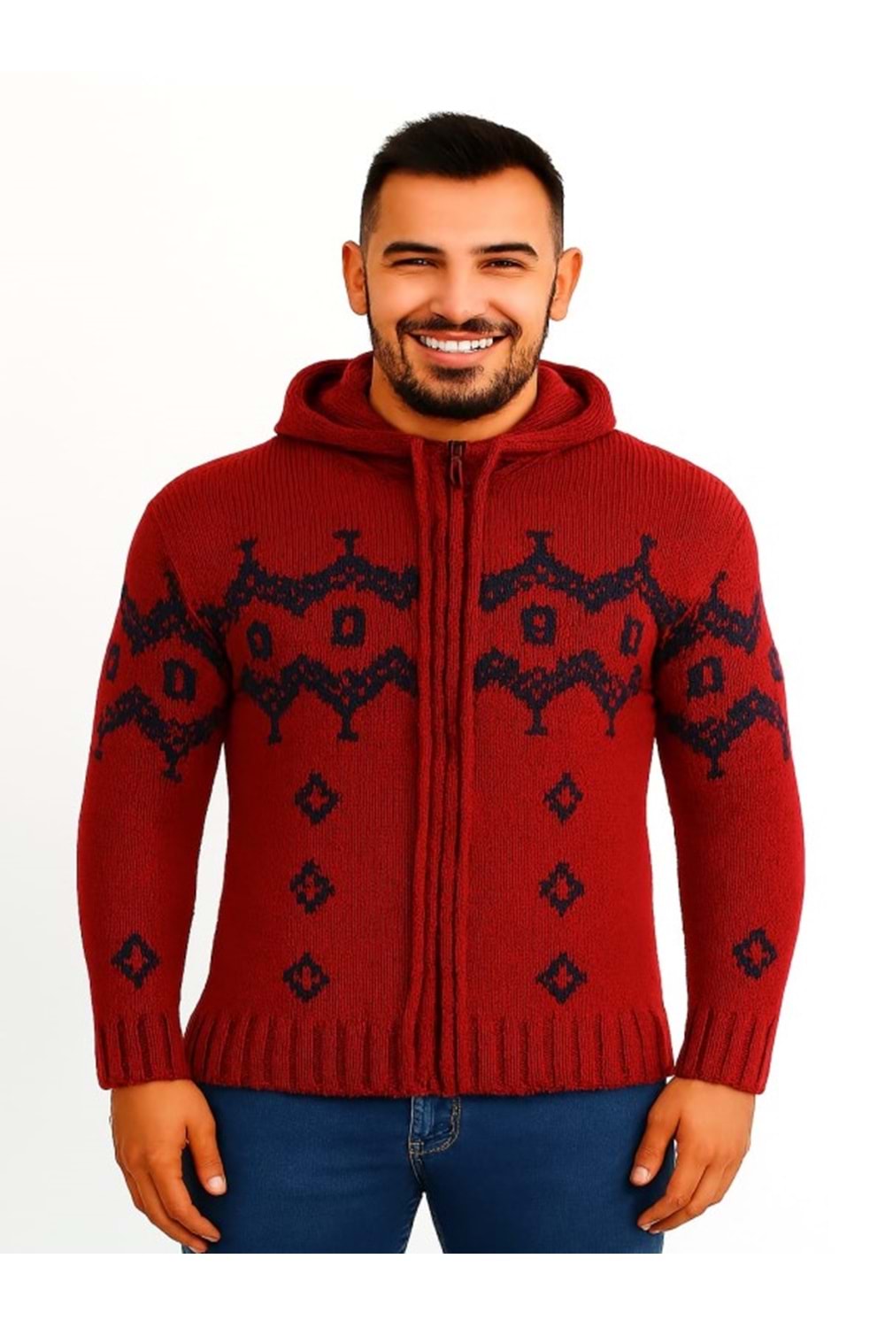 Tarz Cool T00465 Erkek Desenli Fermuarlı Triko Hırka - Bordo - ST00465-Bordo-L