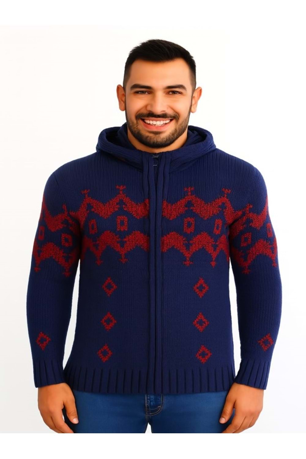 Tarz Cool T00465 Erkek Desenli Fermuarlı Triko Hırka - Mavi - ST00465-Mavi-L