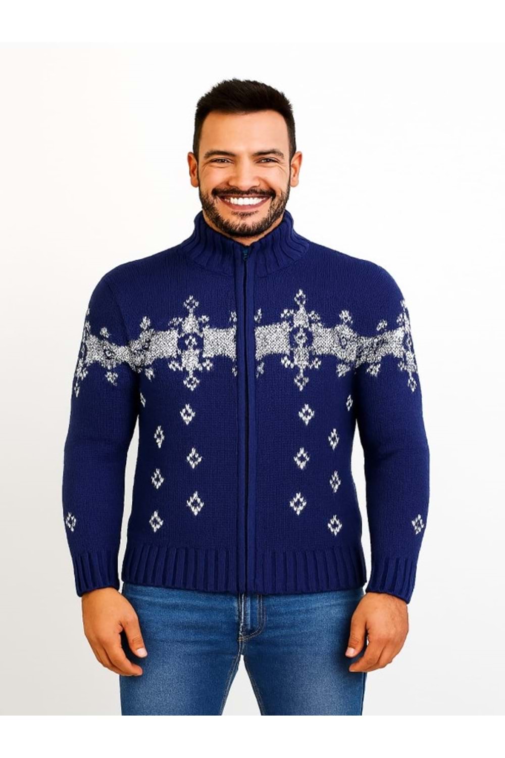 Tarz Cool T00575 Erkek Desenli Triko Hırka - Mavi - ST00575-Mavi-M