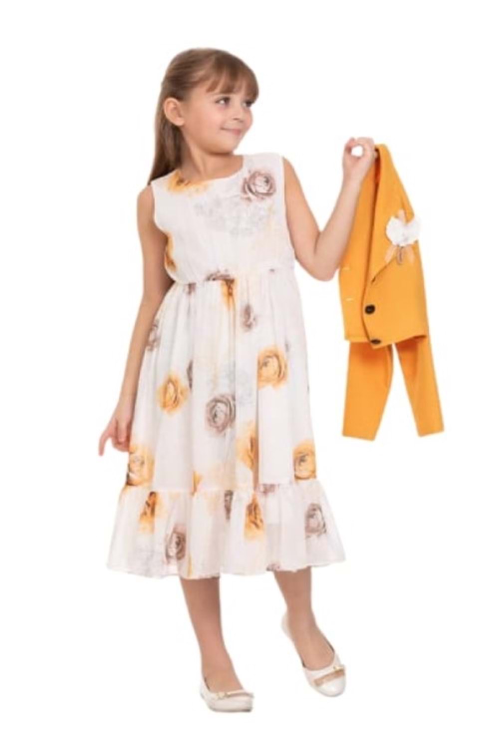 Gülücük Kids 00659 Kız Çocuk Şifon Desenli Bolero Elbise - Sarı - ST00659-Sarı-10 YAŞ