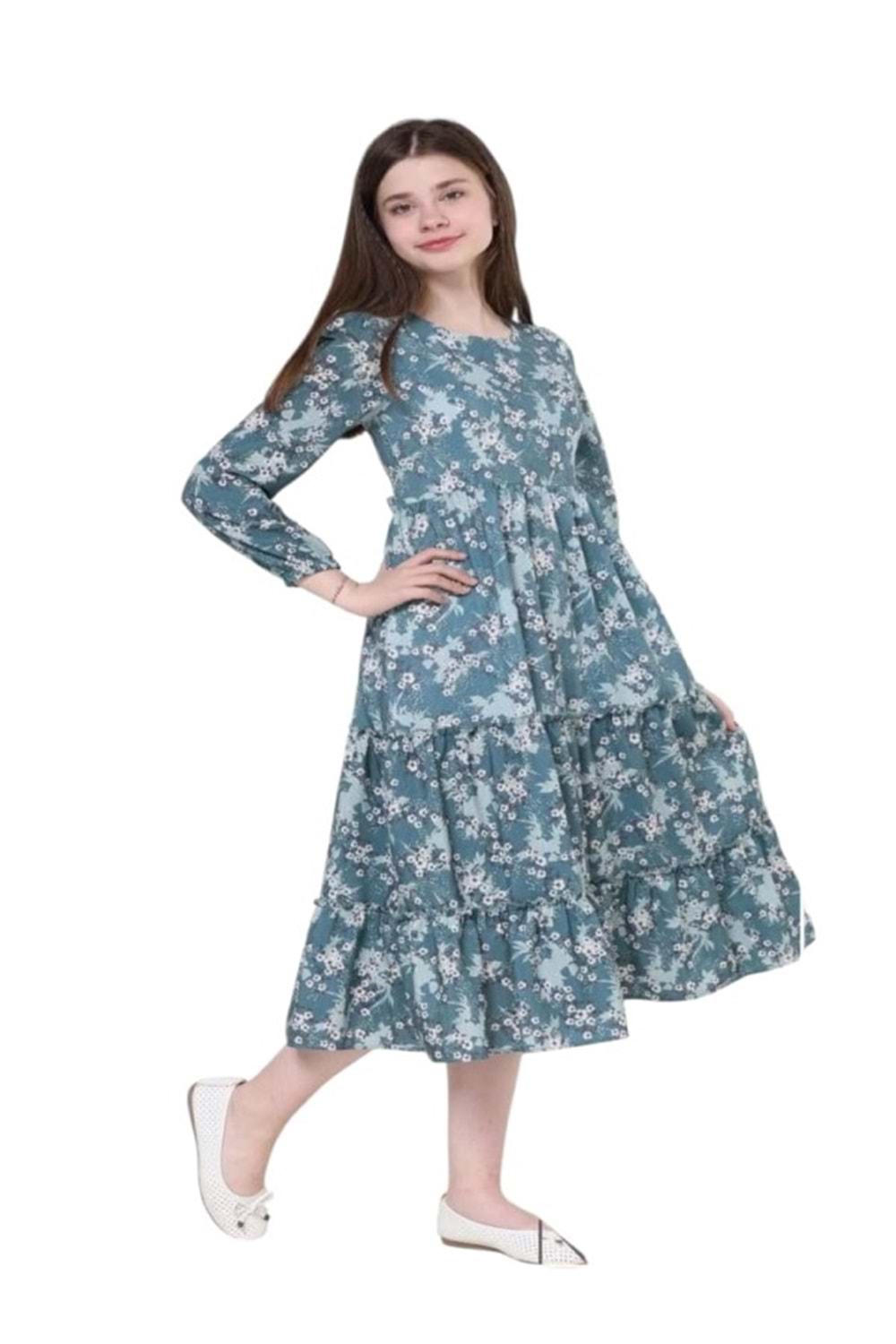 Gülücük Kids G00662-423 Kız Çoçuk Empirme Çicekli Elbise - Gülücük - Yeşil - ST00662-Yeşil-10 YAŞ