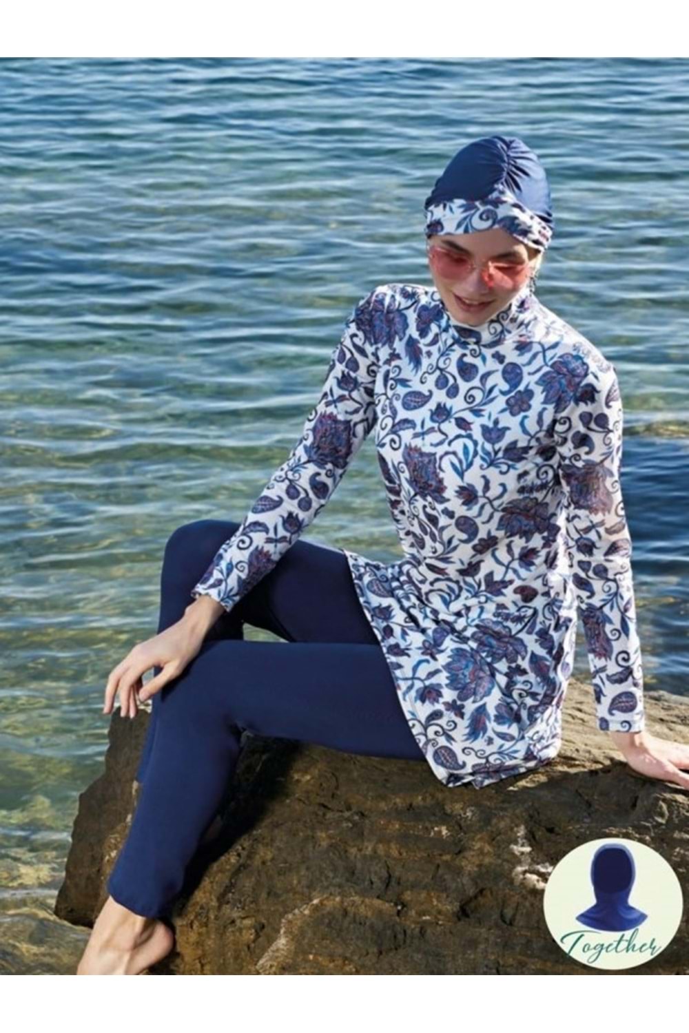 Ruko Maio 23121-2 Kadın Çift Eşarp ve Tesettür Boneli Balıkçı Yaka Lycra Kumaş Tam Tesettür Mayo - Ruko - Beyaz - ST00719-Beyaz-M