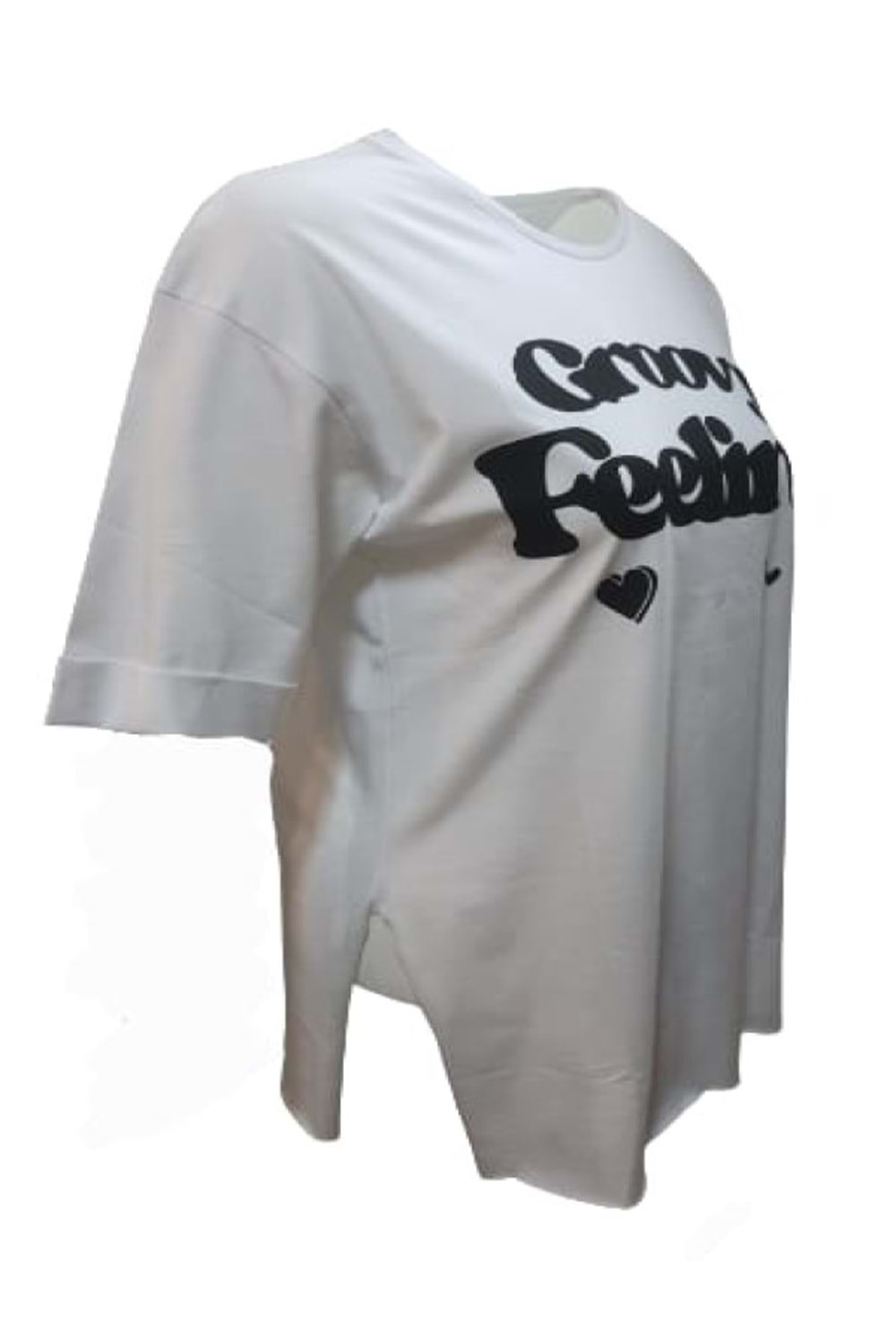 Kuzey Kadın Baskılı Yırtmaçlı Oversize Kadın T-shirt 3095 - Beyaz - S