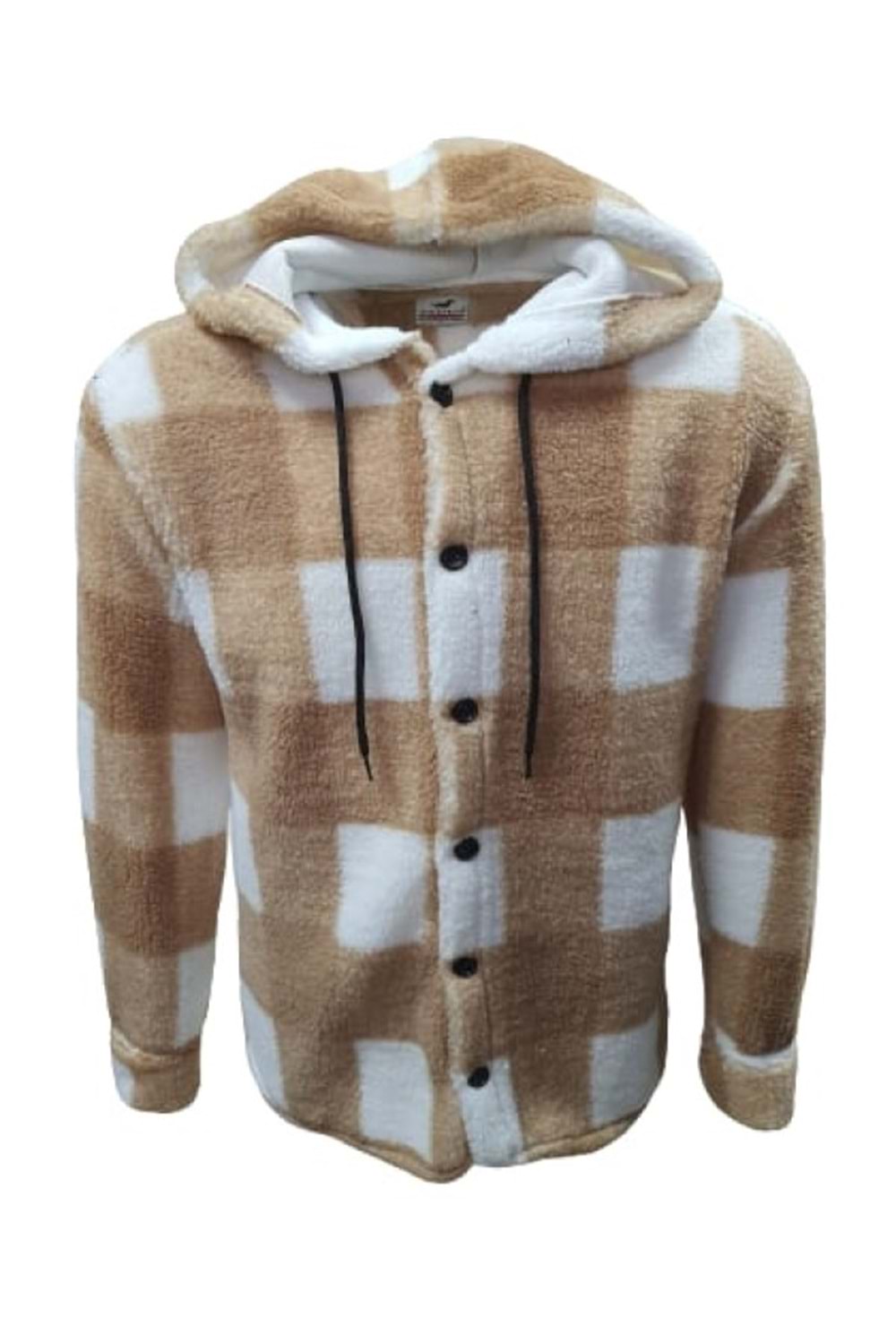 Yegua Y01092 Erkek Kareli Kapüşonlu Kuzu Peluş Hırka - Y01092 - Açık Kahverengi - ST01092-Açık Kahverengi-M