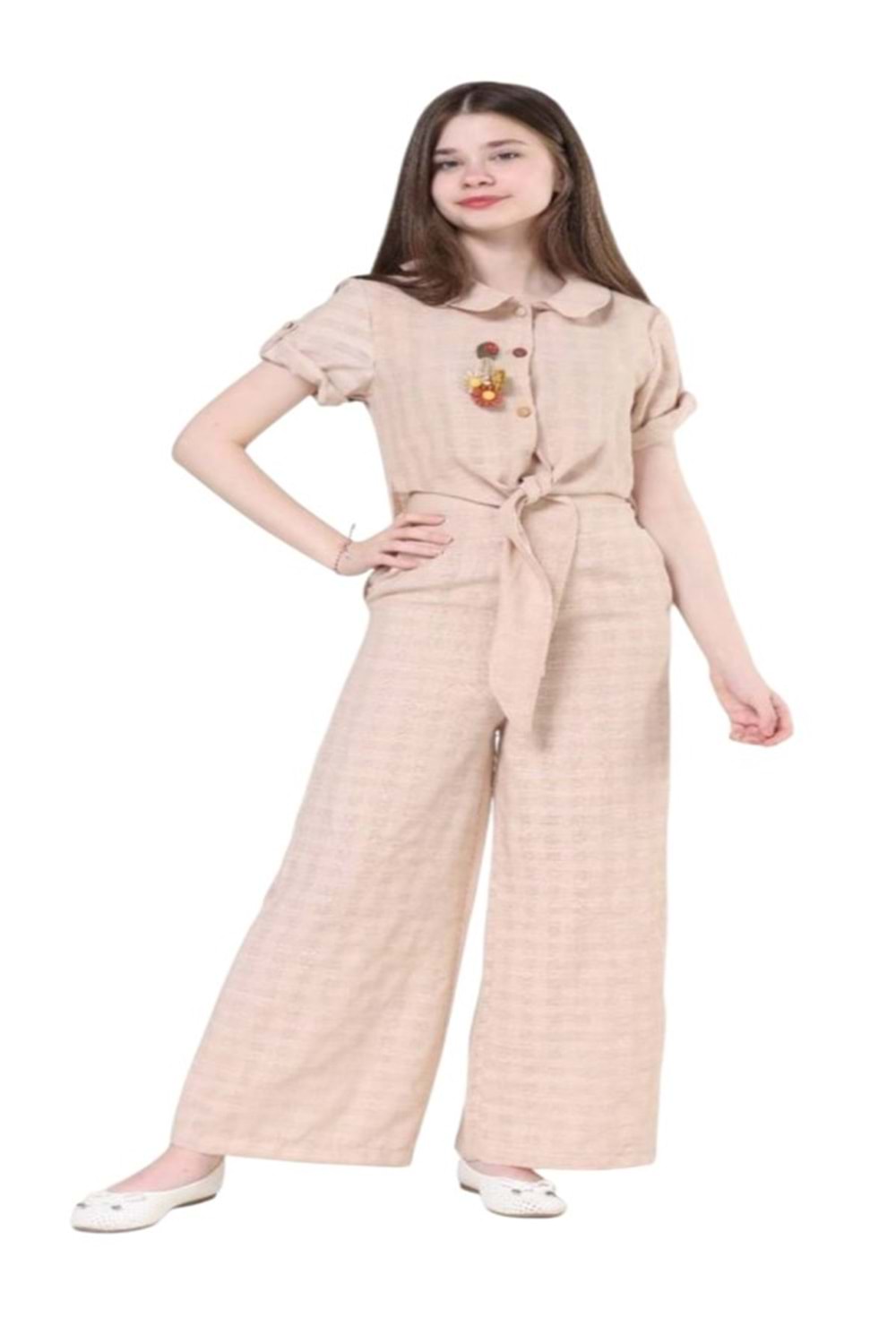 Gülücük Kids G01153-427 Kız Çocuk Keten Gömlek Pantolon Takım - Gülücük - Bej - ST01153-Bej-14 YAŞ