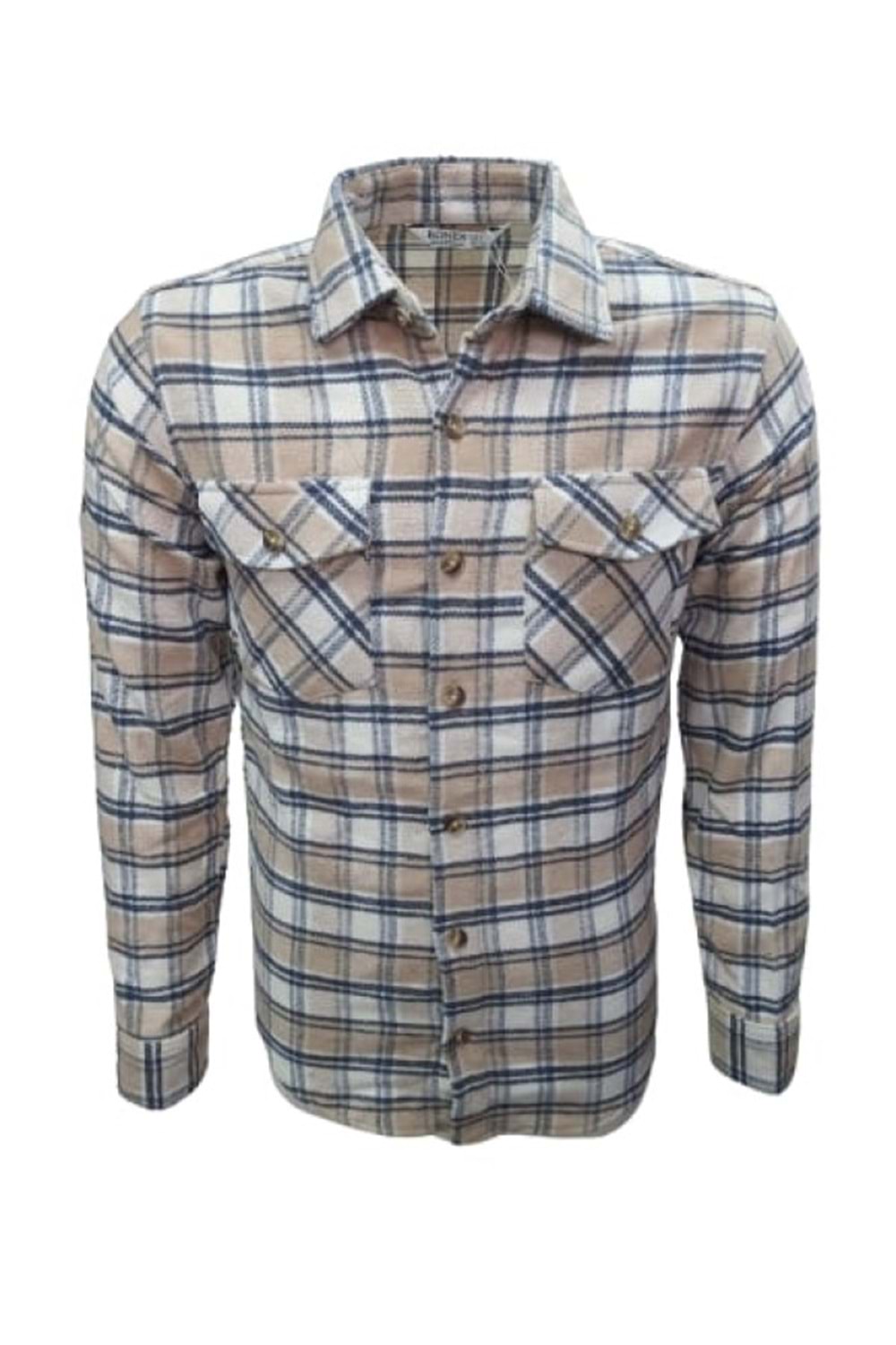 Ronex R01216 Erkek Oduncu Cepli Düğmeli Çizgili Gömlek - R01216 - Bej - ST01216-Bej-XXL