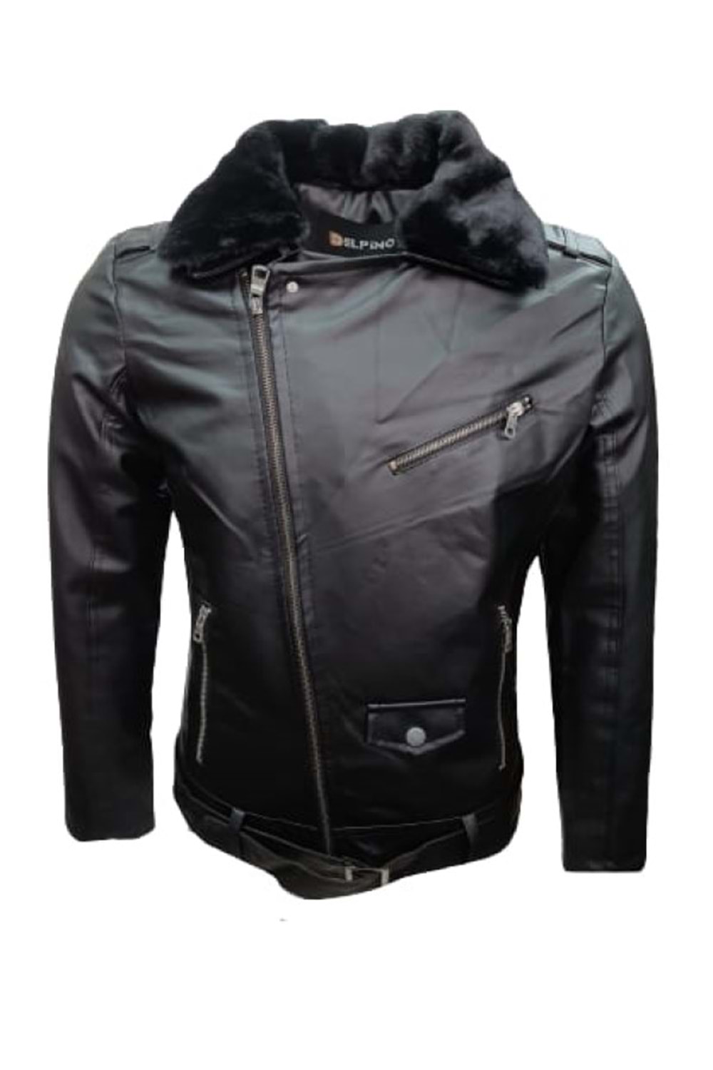 Delpino D2109 Erkek Deri Çapraz Fermuar Kemerli Yakası Kürklü Ceket - ST01224-Siyah-XL