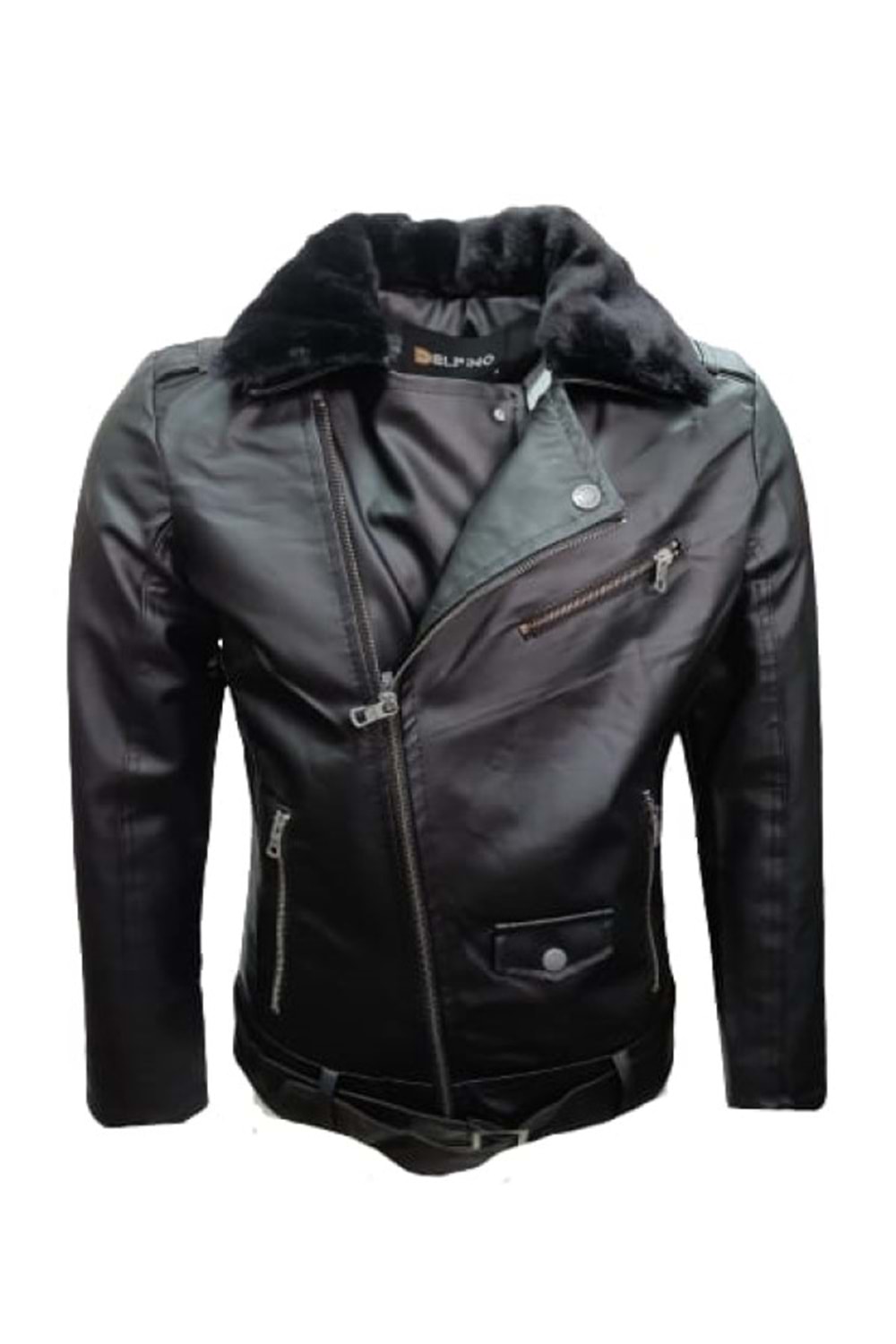 Delpino D2109 Erkek Deri Çapraz Fermuar Kemerli Yakası Kürklü Ceket - ST01224-Siyah-XL