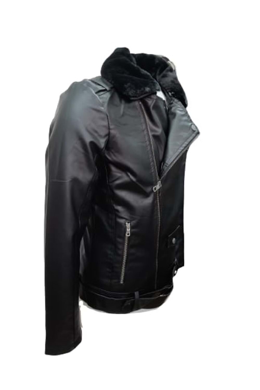 Delpino D2109 Erkek Deri Çapraz Fermuar Kemerli Yakası Kürklü Ceket - ST01224-Siyah-XL