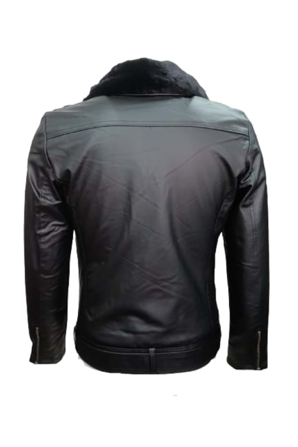 Delpino D2109 Erkek Deri Çapraz Fermuar Kemerli Yakası Kürklü Ceket - ST01224-Siyah-XL