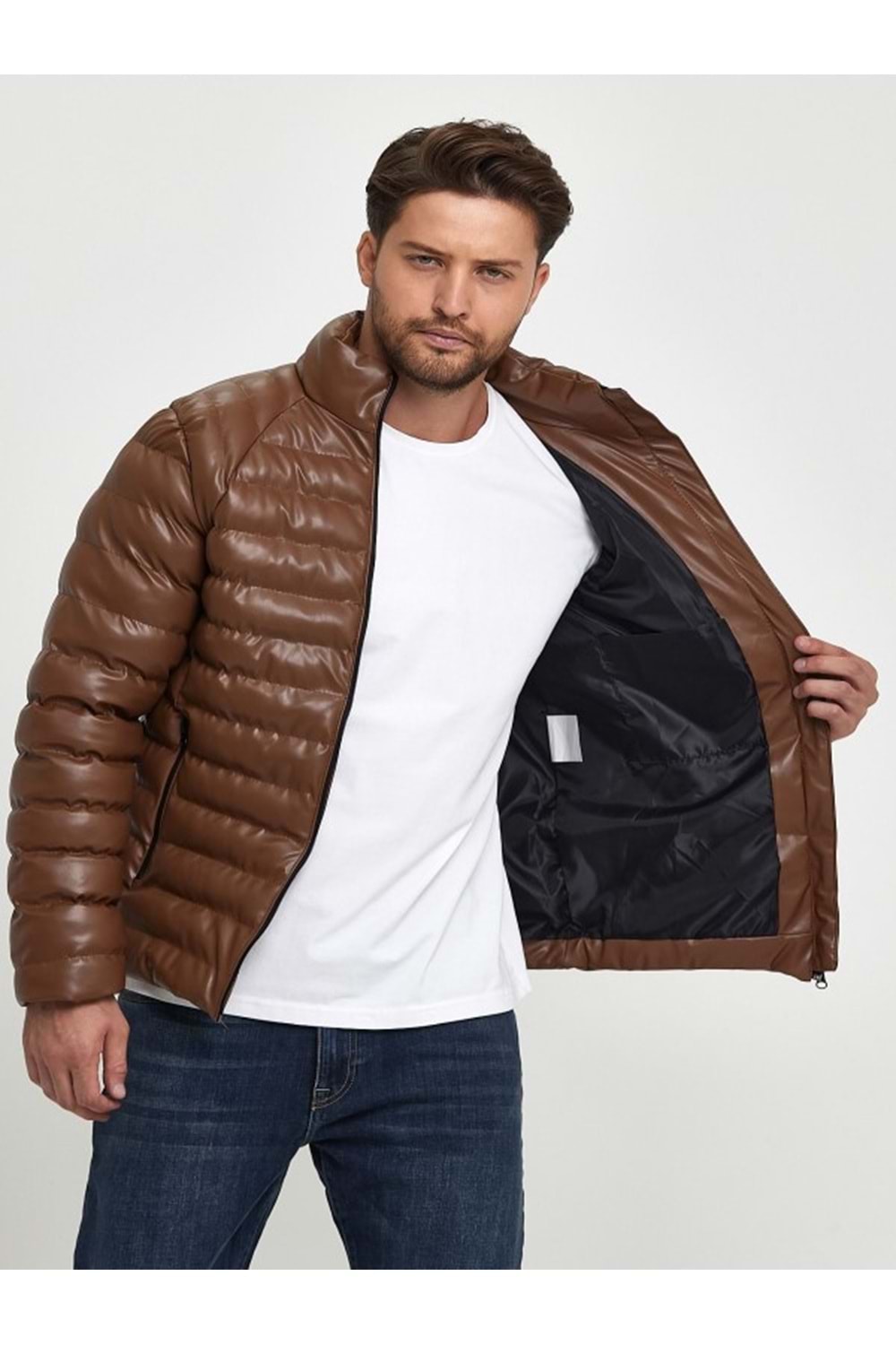 Zagmen Z01230 Erkek Slim Fit Şişme Deri Mont - Z01230 - Kahverengi - ST01230-Kahverengi-XL