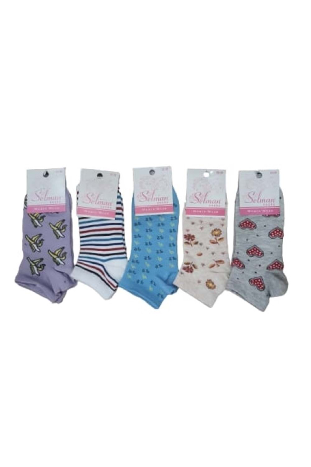 Selman Socks Kadın Pamuk Desenli Patik Çorap 36-40 (5 Adet) S 01582 - Karışık Renkli - 35-39