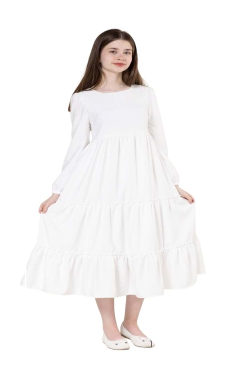 Gülücük Kids G01641-428 Kız Çocuk Kesme Keten Desenli Elbise - Gülücük - Beyaz-10 YAŞ