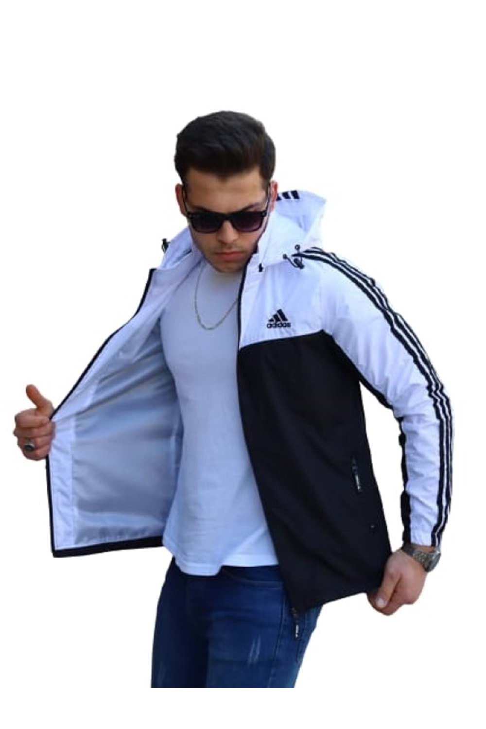 Adidas Erkek The Run Kapüşonlu Yağmurluk A-02074 - Beyaz - XXL