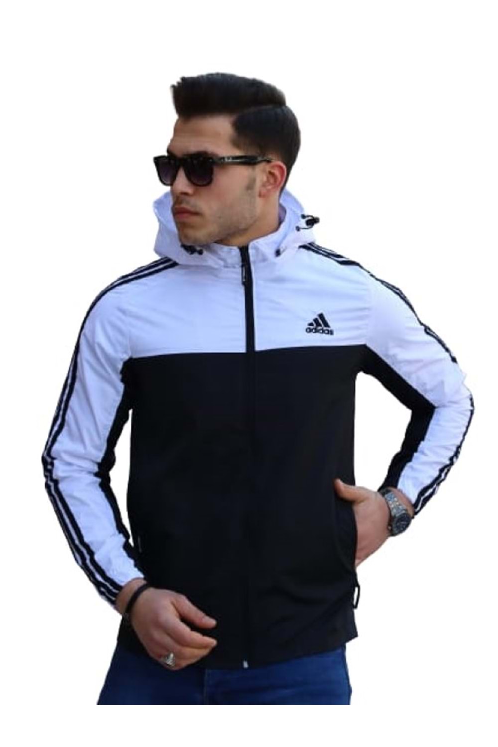 Adidas Erkek The Run Kapüşonlu Yağmurluk A-02074 - Beyaz - XXL