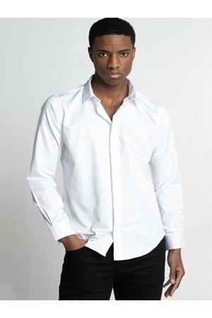 Coumas Erkek Slim Fit Poplin Önü Gizli Pat Gömlek C00016 - Beyaz