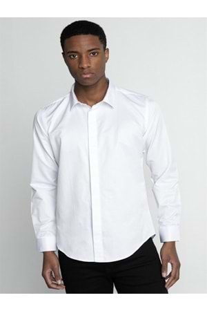 Coumas Erkek Slim Fit Poplin Önü Gizli Pat Gömlek C00016 - Beyaz