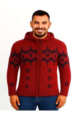 Tarz Cool T00465 Erkek Desenli Fermuarlı Triko Hırka - Bordo - ST00465-Bordo-L