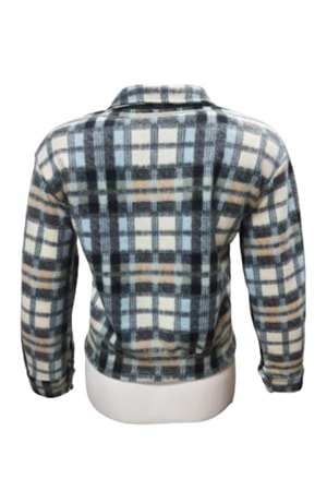 Viya V00792 Kadın Polar Ekose Kareli Fermuarlı Mini Ceket - ST00792-Mavi-L