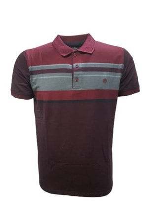 Rey Polo Basic Çizgili Polo Yaka Kısa Kol T-shirt 129 - Bordo - M