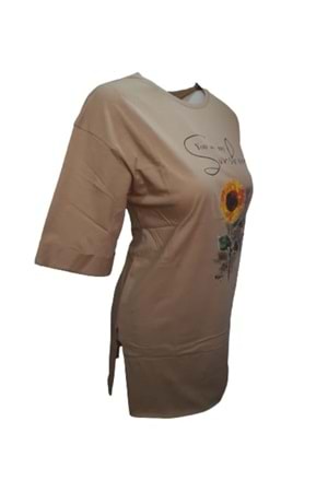 Kuzey Kadın Baskılı Yırtmaçlı Oversize Kadın T-Shirt 301 - Bej - L