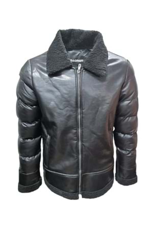 Zagmen Z01037 Erkek Yakası Kürklü Fermuarlı Deri Ceket - Z01037 - Siyah - ST01037-Siyah-XXL