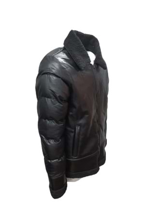 Zagmen Z01037 Erkek Yakası Kürklü Fermuarlı Deri Ceket - Z01037 - Siyah - ST01037-Siyah-XXL