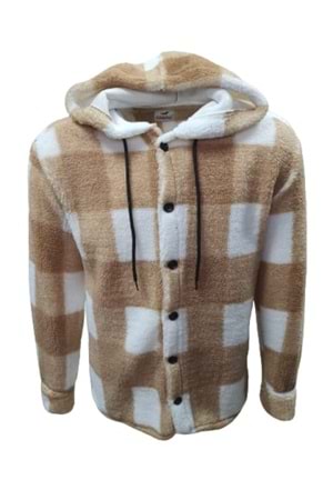 Yegua Y01092 Erkek Kareli Kapüşonlu Kuzu Peluş Hırka - Y01092 - Açık Kahverengi - ST01092-Açık Kahverengi-L