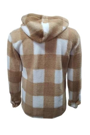 Yegua Y01092 Erkek Kareli Kapüşonlu Kuzu Peluş Hırka - Y01092 - Açık Kahverengi - ST01092-Açık Kahverengi-M