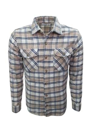 Ronex R01216 Erkek Oduncu Cepli Düğmeli Çizgili Gömlek - R01216 - Bej - ST01216-Bej-XXL