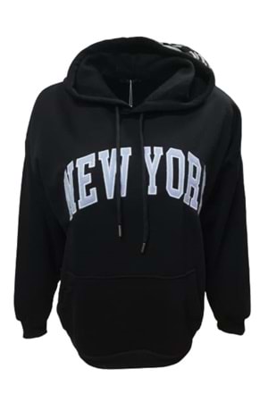 Z&M Fashion Z01220 Kadın Oversize Kapüşonlu Baskılı Üç İplik Şardonlu Sweatshirt - Z01220 - Siyah - ST01220-Siyah-L