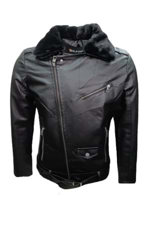 Delpino D2109 Erkek Deri Çapraz Fermuar Kemerli Yakası Kürklü Ceket - ST01224-Siyah-XL
