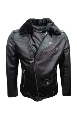 Delpino D2109 Erkek Deri Çapraz Fermuar Kemerli Yakası Kürklü Ceket - ST01224-Siyah-XL