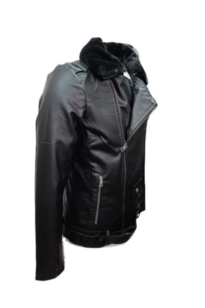 Delpino D2109 Erkek Deri Çapraz Fermuar Kemerli Yakası Kürklü Ceket - ST01224-Siyah-XL