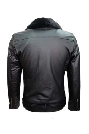 Delpino D2109 Erkek Deri Çapraz Fermuar Kemerli Yakası Kürklü Ceket - ST01224-Siyah-XL