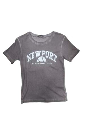 Myzen Kadın Newport Baskılı Yıkamalı Crop T-shirt M-03436 - Açık Kahverengi - L