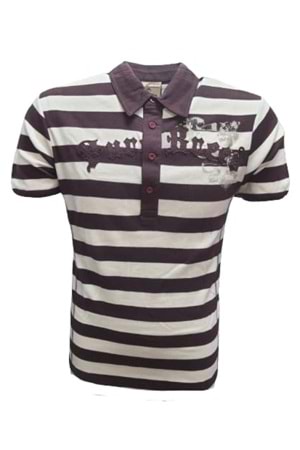 Xınt X5183 Erkek Penye Baskılı Polo Yaka Kısa Kollu Çizgili T-shirt - Kahverengi