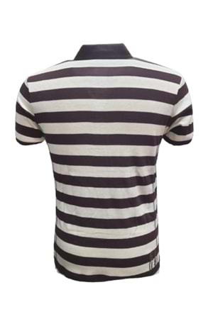 Xınt X5183 Erkek Penye Baskılı Polo Yaka Kısa Kollu Çizgili T-shirt - Kahverengi