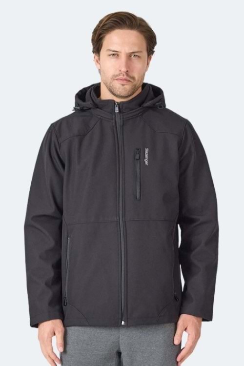 Slazenger Harmonic Erkek Siyah Softshell Kapüşonlu Fermuarlı Mont