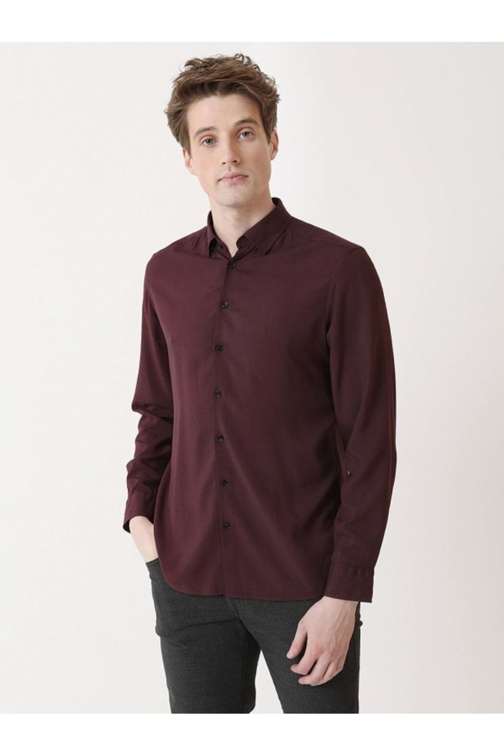 Coumas Erkek Slim Fit Poplin Likralı Gömlek C00017 - Bordo