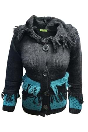 Pink Apple P00130 Kadın El Örgü Önü Püsküllü Kapüşonlu Hırka - Siyah