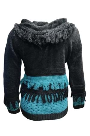 Pink Apple P00130 Kadın El Örgü Önü Püsküllü Kapüşonlu Hırka - Siyah