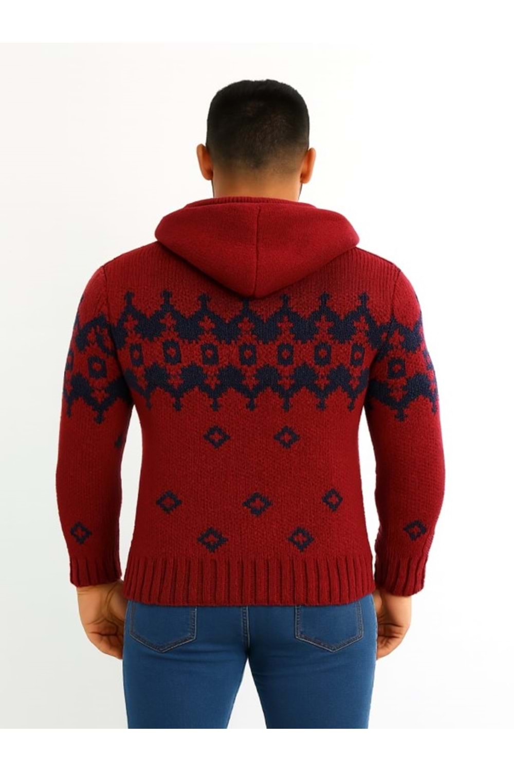 Tarz Cool T00465 Erkek Desenli Fermuarlı Triko Hırka - Bordo - ST00465-Bordo-L