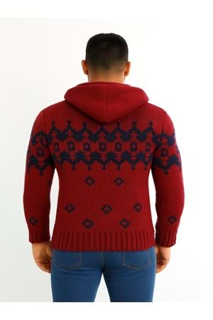 Tarz Cool T00465 Erkek Desenli Fermuarlı Triko Hırka - Bordo - ST00465-Bordo-L