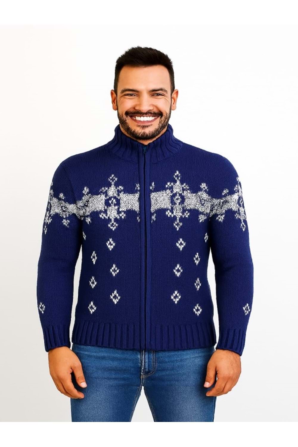 Tarz Cool T00575 Erkek Desenli Triko Hırka - Mavi - ST00575-Mavi-M