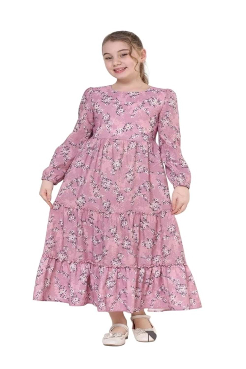 Gülücük Kids G00662-423 Kız Çoçuk Empirme Çicekli Elbise - Gülücük - Pembe - ST00662-Pembe-13 YAŞ