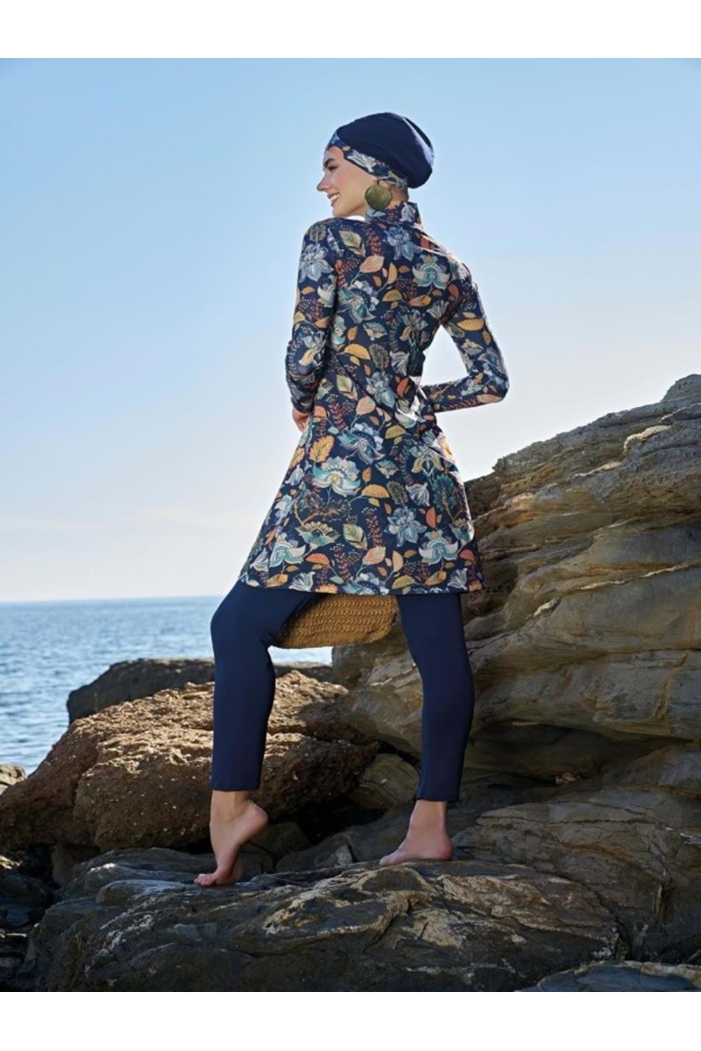 Ruko Maio 23121-2 Kadın Çift Eşarp ve Tesettür Boneli Balıkçı Yaka Lycra Kumaş Tam Tesettür Mayo - Ruko - Lacivert - ST00719-Lacivert-M