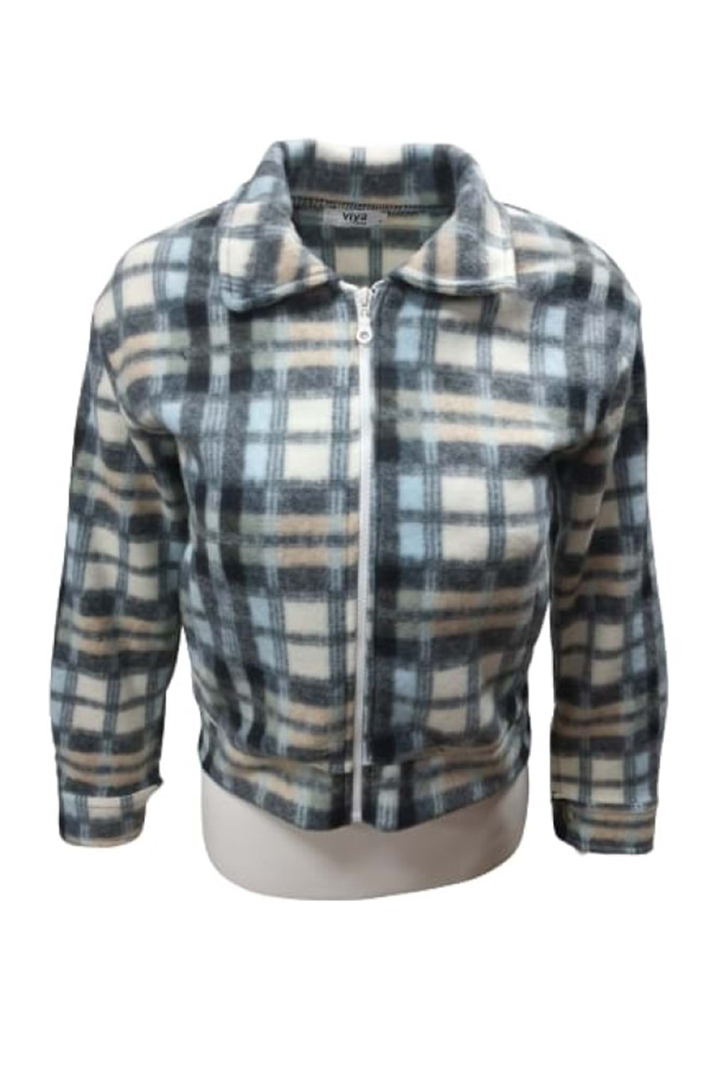 Viya V00792 Kadın Polar Ekose Kareli Fermuarlı Mini Ceket - ST00792-Mavi-L