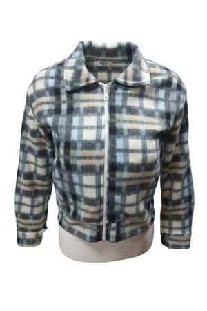 Viya V00792 Kadın Polar Ekose Kareli Fermuarlı Mini Ceket - ST00792-Mavi-L